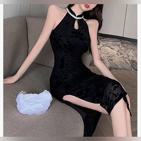 Pearl Collar Sleeveless Improved Cheongsam Mid-Length Slim Flocking Dress - Picture 3 of 9